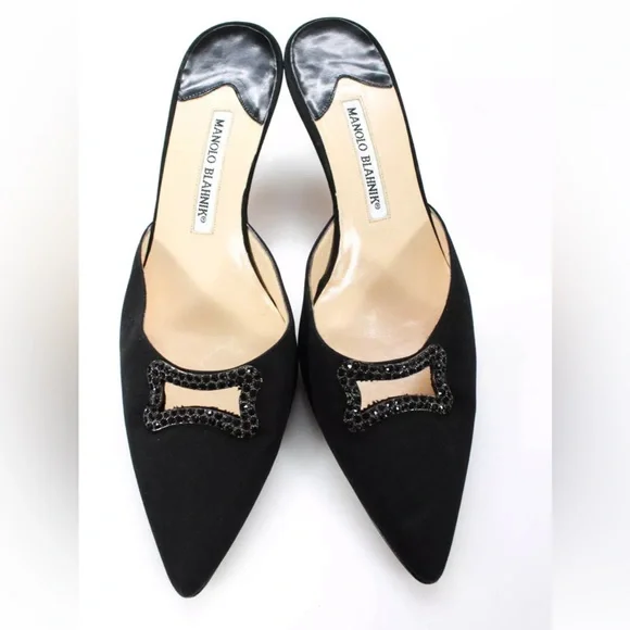 Manolo Blahnik Pointed Toe Jeweled Trim Mules Black Canvas EU 38.5 US 8 - Picture 2 of 11